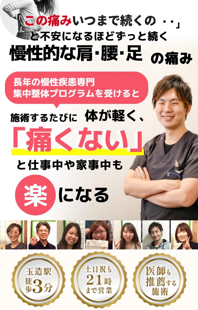 「この不調、いつまで続くのだろう…」 どこに行っても治らず、不安になるほど続く症状  長年の慢性疾患専門の集中整体プログラムを受けると  施術を重ねるたびに、身体の不調が改善され、 「痛みがない！」 と感じられるようになり、日常生活も快適に過ごせる  当院は、肩こり、腰痛、自律神経の乱れなど、 長年続く慢性症状の専門院です。  玉造駅 徒歩3分 土日祝も20時半まで受付 医師も推薦する施術