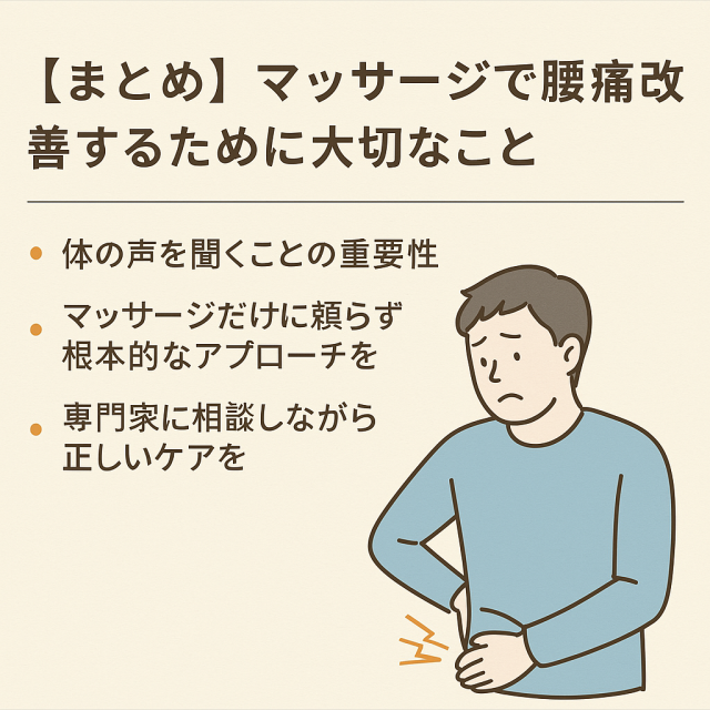 【まとめ】マッサージで腰痛改善するために大切なこと 体の声を聞くことの重要性  マッサージだけに頼らず根本的なアプローチを  専門家に相談しながら正しいケアを
