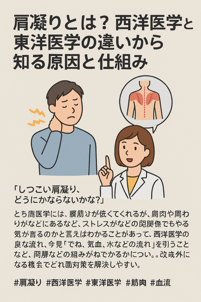 肩凝りとは？西洋医学と東洋医学の違いから知る原因と仕組み 　└ 肩凝りの定義、筋肉や血流の関係、ストレスとの関連など