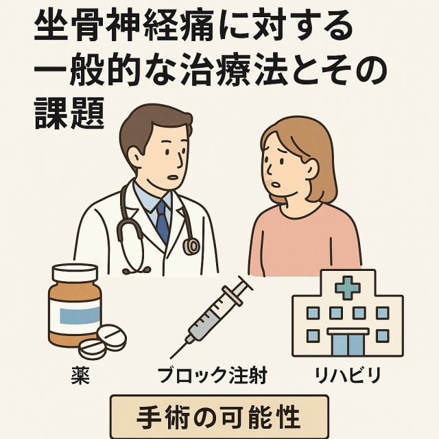坐骨神経痛に対する一般的な治療法とその課題 病院での治療（薬、ブロック注射、リハビリ）  手術の可能性  対症療法と根本治療の違い