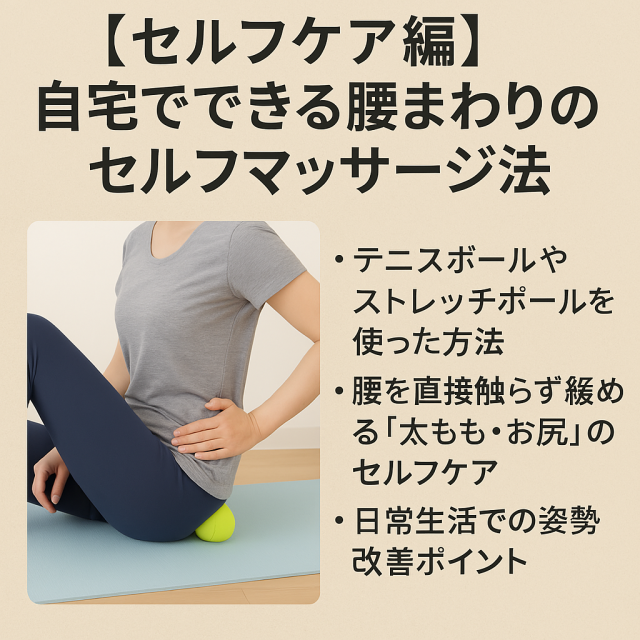 【セルフケア編】自宅でできる腰まわりのセルフマッサージ法 テニスボールやストレッチポールを使った方法  腰を直接触らず緩める「太もも・お尻」のセルフケア  日常生活での姿勢改善ポイント