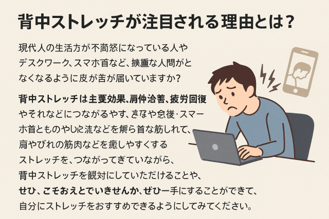 背中ストレッチが注目される理由とは？  現代人のライフスタイルと背中の不調（デスクワーク・スマホ首など）  ストレッチによる主な効果：姿勢改善・血行促進・疲労回復