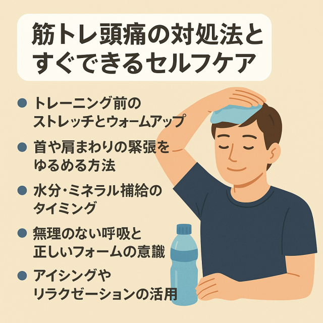 筋トレ頭痛の対処法とすぐできるセルフケア トレーニング前のストレッチとウォームアップ  首や肩まわりの緊張をゆるめる方法  水分・ミネラル補給のタイミング  無理のない呼吸と正しいフォームの意識  アイシングやリラクゼーションの活用