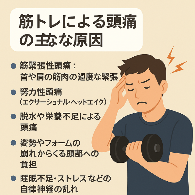 筋トレによる頭痛の主な原因 筋緊張性頭痛：首や肩の筋肉の過度な緊張  努力性頭痛（エクサーショナル・ヘッドエイク）  脱水や栄養不足による頭痛  姿勢やフォームの崩れからくる頭部への負担  睡眠不足・ストレスなどの自律神経の乱れ