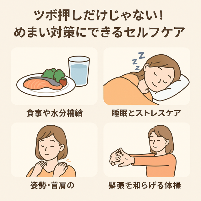 ツボ押しだけじゃない！めまい対策にできるセルフケア 食事や水分補給  睡眠とストレスケア  姿勢・首肩の緊張を和らげる体操