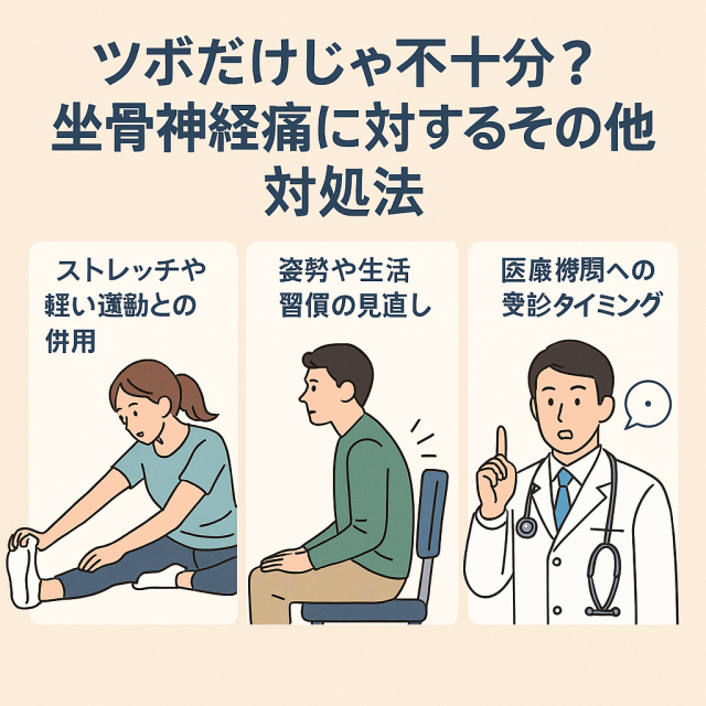 ツボだけじゃ不十分？坐骨神経痛に対するその他の対処法 　- ストレッチや軽い運動との併用 　- 姿勢や生活習慣の見直し 　- 医療機関への受診タイミング