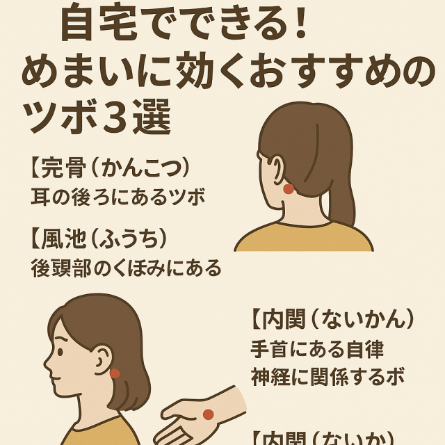 【完骨（かんこつ）】：耳の後ろにあるツボ  【風池（ふうち）】：後頭部のくぼみにあるツボ  【内関（ないかん）】：手首にある自律神経に関係するツボ  各ツボの位置・押し方・注意点