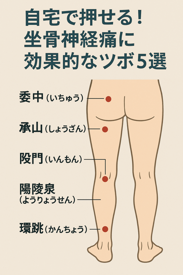 自宅で押せる！坐骨神経痛に効果的な代表的なツボ5選 　- 委中（いちゅう）・承山（しょうざん）・殷門（いんもん）・陽陵泉（ようりょうせん）・環跳（かんちょう） 　- ツボの正確な位置・押し方・押すときの注意点