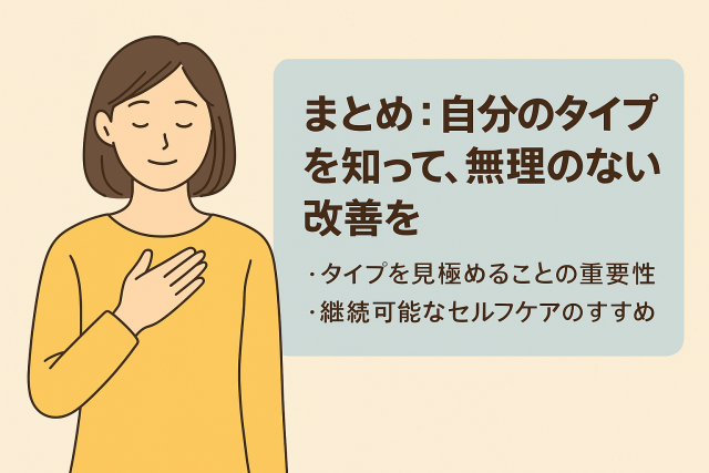 まとめ：自分のタイプを知って、無理のない改善を タイプを見極めることの重要性  継続可能なセルフケアのすすめ