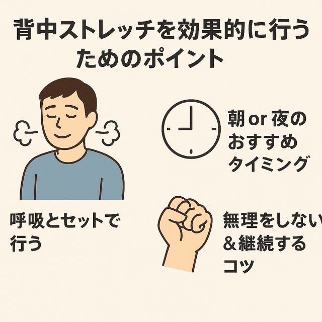 背中ストレッチを効果的に行うためのポイント  呼吸とセットで行う（リラックス効果アップ）  朝or夜のおすすめタイミング  無理をしない＆継続するコツ