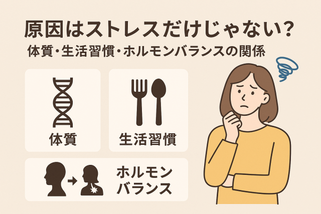 原因はストレスだけじゃない？体質・生活習慣・ホルモンバランスの関係 ストレス以外にも注目すべき要因  自律神経とホルモン、腸内環境との関係性