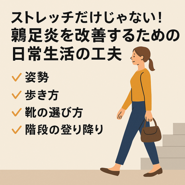ストレッチだけじゃない！鵞足炎を改善するための日常生活の工夫 　└ 姿勢、歩き方、靴の選び方、階段の登り降りなどの注意点