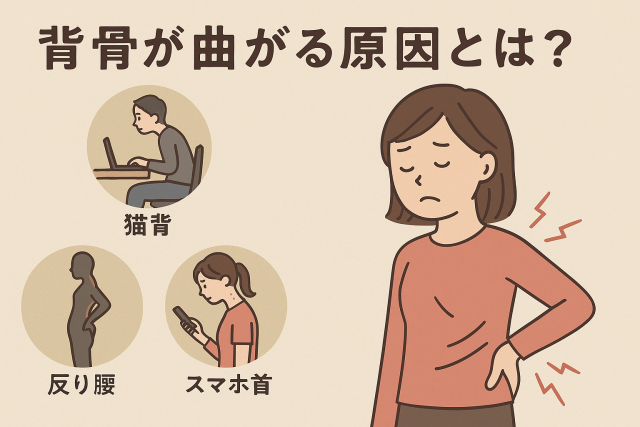 背骨が曲がる原因とは？ 猫背や反り腰、スマホ首など姿勢習慣  加齢や運動不足による筋力低下  病的な側弯症との違い