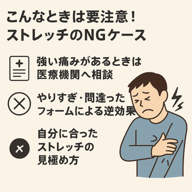 こんなときは要注意！ストレッチのNGケース  痛みが強い場合は医療機関へ相談  やりすぎ・間違ったフォームによる逆効果  自分に合ったストレッチの見極め方