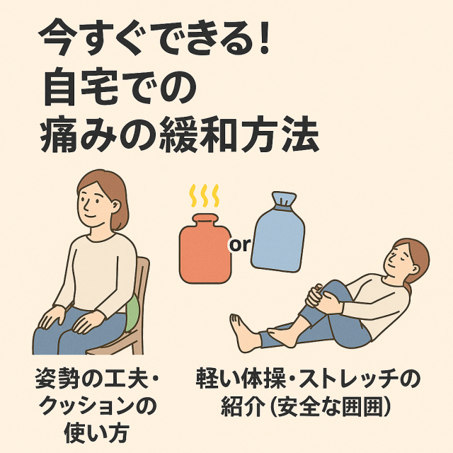 【今すぐできる!自宅での痛みの緩和方法】 - 姿勢の工夫・クッションの使い方 - 温めるor冷やす?正しい判断方法 - 軽い体操・ストレッチの紹介(安全な範囲)
