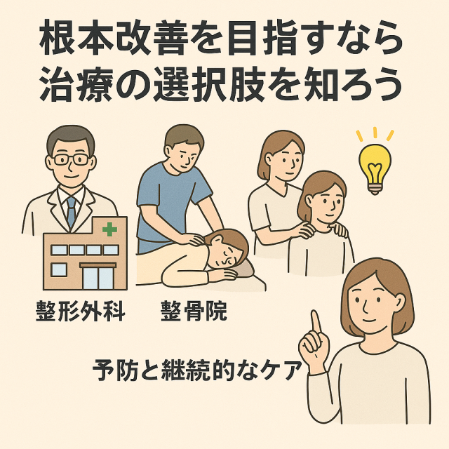【根本改善を目指すなら治療の選択肢を知ろう】 - 整形外科・整骨院・整体などの違い - 症状やライフスタイルに合った治療法の選び方 - 長引かせないための継続的な対処と予防法