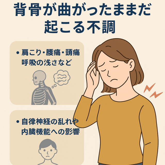 背骨が曲がったままだと起こる不調 肩こり・腰痛・頭痛・呼吸の浅さなど  自律神経の乱れや内臓機能への影響