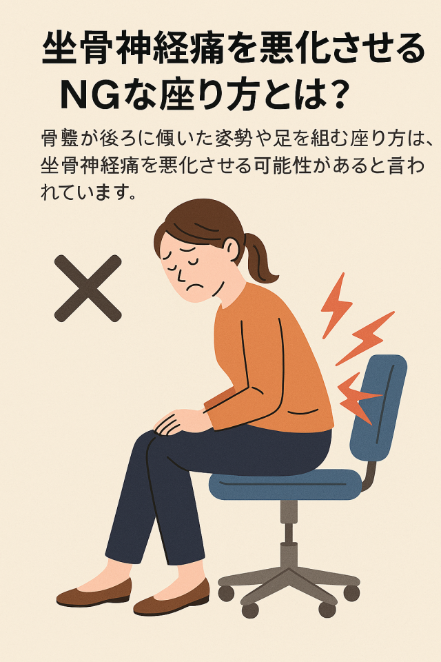 坐骨神経痛を悪化させるNGな座り方とは？  骨盤が後傾する座り方  足を組む、前かがみになる姿勢の問題点