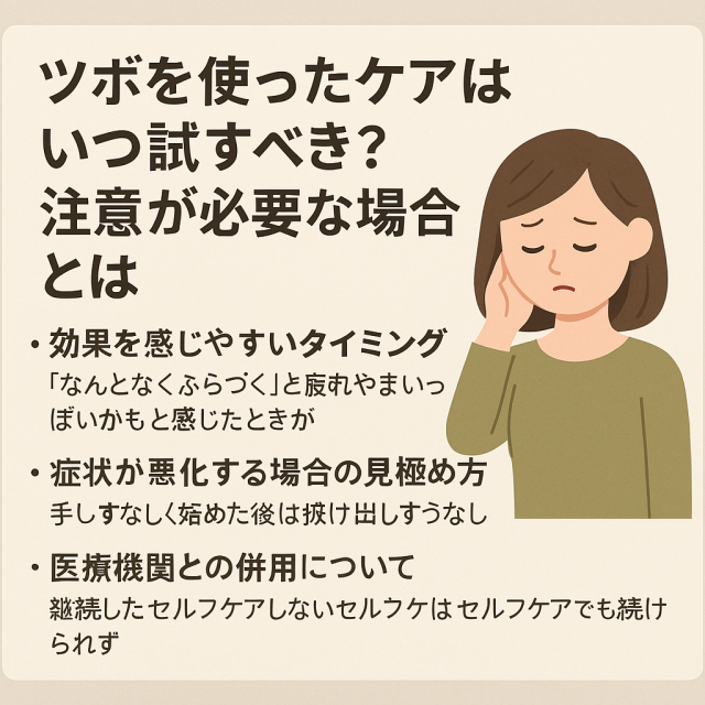 ツボを使ったケアはいつ試すべき？注意が必要な場合とは 効果を感じるタイミング  症状が悪化する場合の見極め方  医療機関との併用について