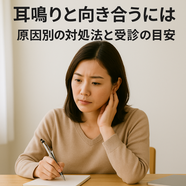 【耳鳴りと向き合うには】原因別の対処法と受診の目安 　- 生活習慣の見直し 　- 早めに医療機関を受診すべきケース 　- 補助的なセルフケアや治療方法の紹介