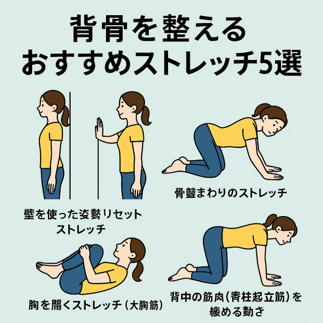 背骨を整えるおすすめストレッチ5選 壁を使った姿勢リセットストレッチ  胸を開くストレッチ（大胸筋）  骨盤まわりのストレッチ  背中の筋肉（脊柱起立筋）を緩める動き  呼吸を使った自律神経調整ストレッチ ※無理をしない・痛みがある場合は中止する注意喚起も記載