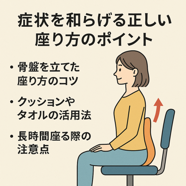症状を和らげる正しい座り方のポイント  骨盤を立てた座り方のコツ  クッションやタオルの活用法  長時間座る際の注意点