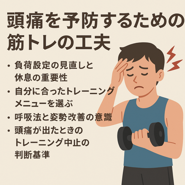 頭痛を予防するための筋トレの工夫 負荷設定の見直しと休息の重要性  自分に合ったトレーニングメニューを選ぶ  呼吸法と姿勢改善の意識  頭痛が出たときのトレーニング中止の判断基準