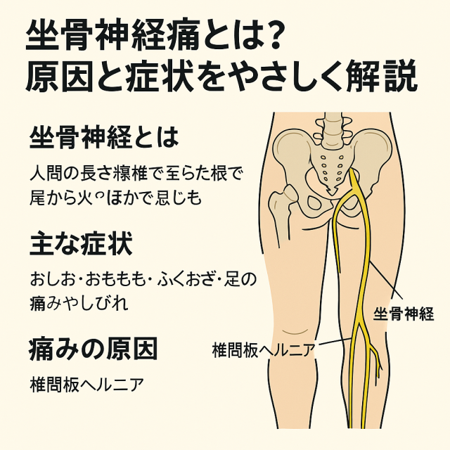 坐骨神経痛とは？｜原因と症状をやさしく解説 　- 坐骨神経とは何か 　- 主な症状（お尻・太もも・ふくらはぎ・足先などの痛みやしびれ） 　- 痛みの原因（椎間板ヘルニア、筋肉の圧迫など）