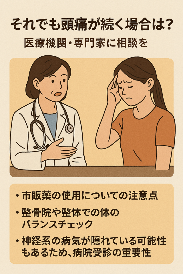 それでも頭痛が続く場合は？医療機関・専門家に相談を 市販薬の使用についての注意点  整骨院や整体での身体のバランスチェック  神経系の病気が隠れている可能性もあるため、病院受診の重要性