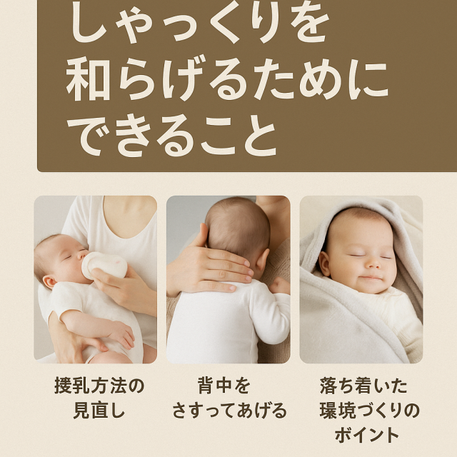 【しゃっくりを和らげるためにできること】 - 授乳方法の見直し - 背中をさすってあげる - 落ち着いた環境づくりのポイント