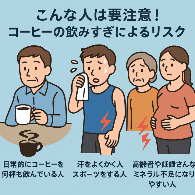 こんな人は要注意!コーヒーの飲みすぎによるリスク - 日常的にコーヒーを何杯も飲んでいる人 - 汗をよくかく人/スポーツをする人 - 高齢者や妊婦さんなどミネラル不足になりやすい人