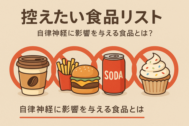④ 控えたい食品リスト NG食品:カフェイン、トランス脂肪酸、過剰な糖質・加工食品 moriseikei.or.jp +12 itohkampo.co.jp +12 happiness-direct.com +12 これらが自律神経にどう影響するか、悪影響リスクを具体的に説明。