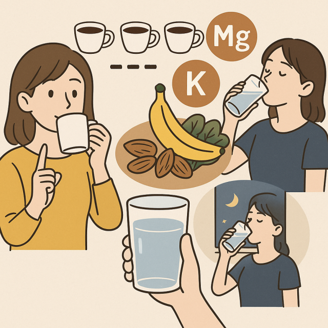 足がつらないために気をつけたい生活習慣と食事のポイント - コーヒーの適量はどれくらい? - マグネシウム・カリウムを含む食事のすすめ - 水分補給の重要性とベストタイミング