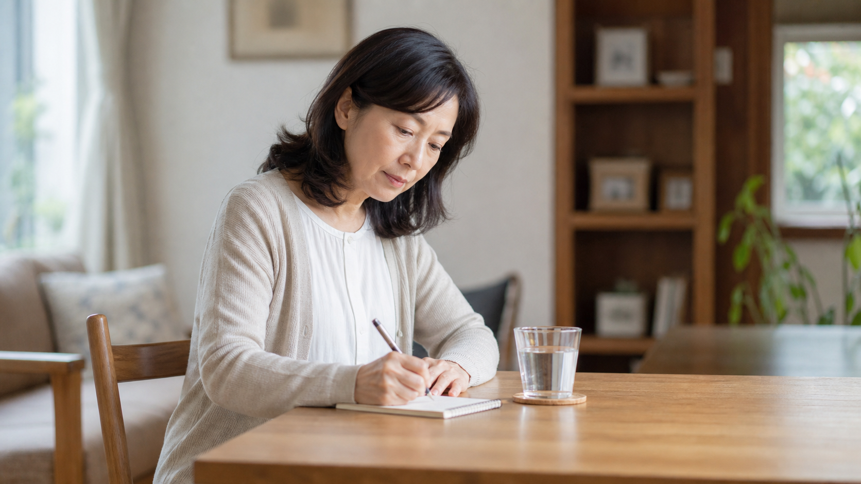 月経や睡眠と体調の変化をノートに記録する中年女性
