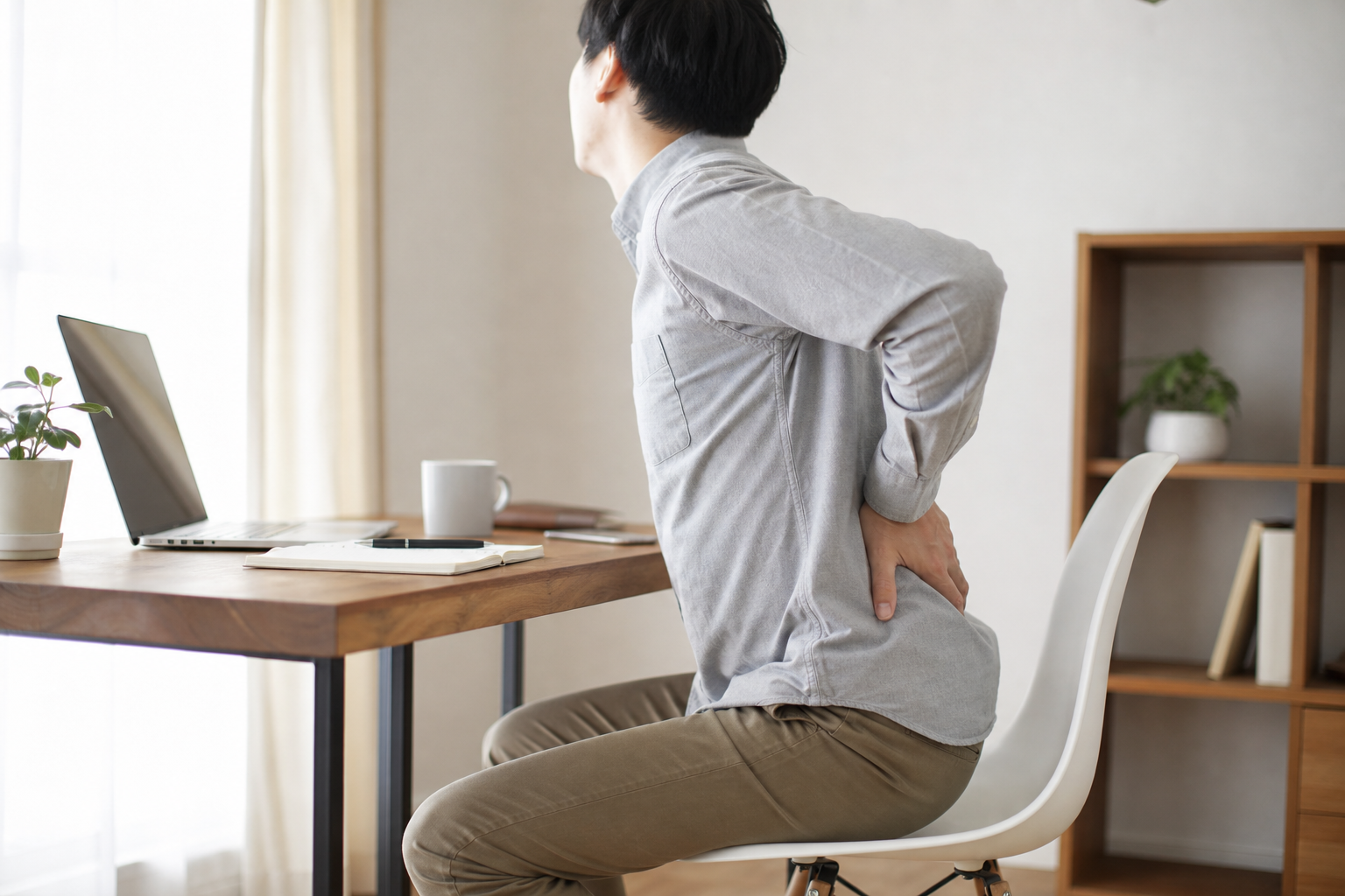 デスクワーク中に椅子で腰を押さえ痛みを確かめる男性
