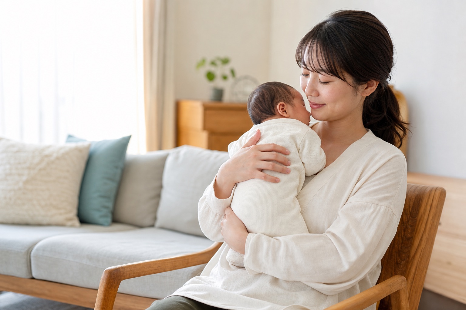 授乳後の赤ちゃんの頭と背中を支えて縦向きに抱く母親