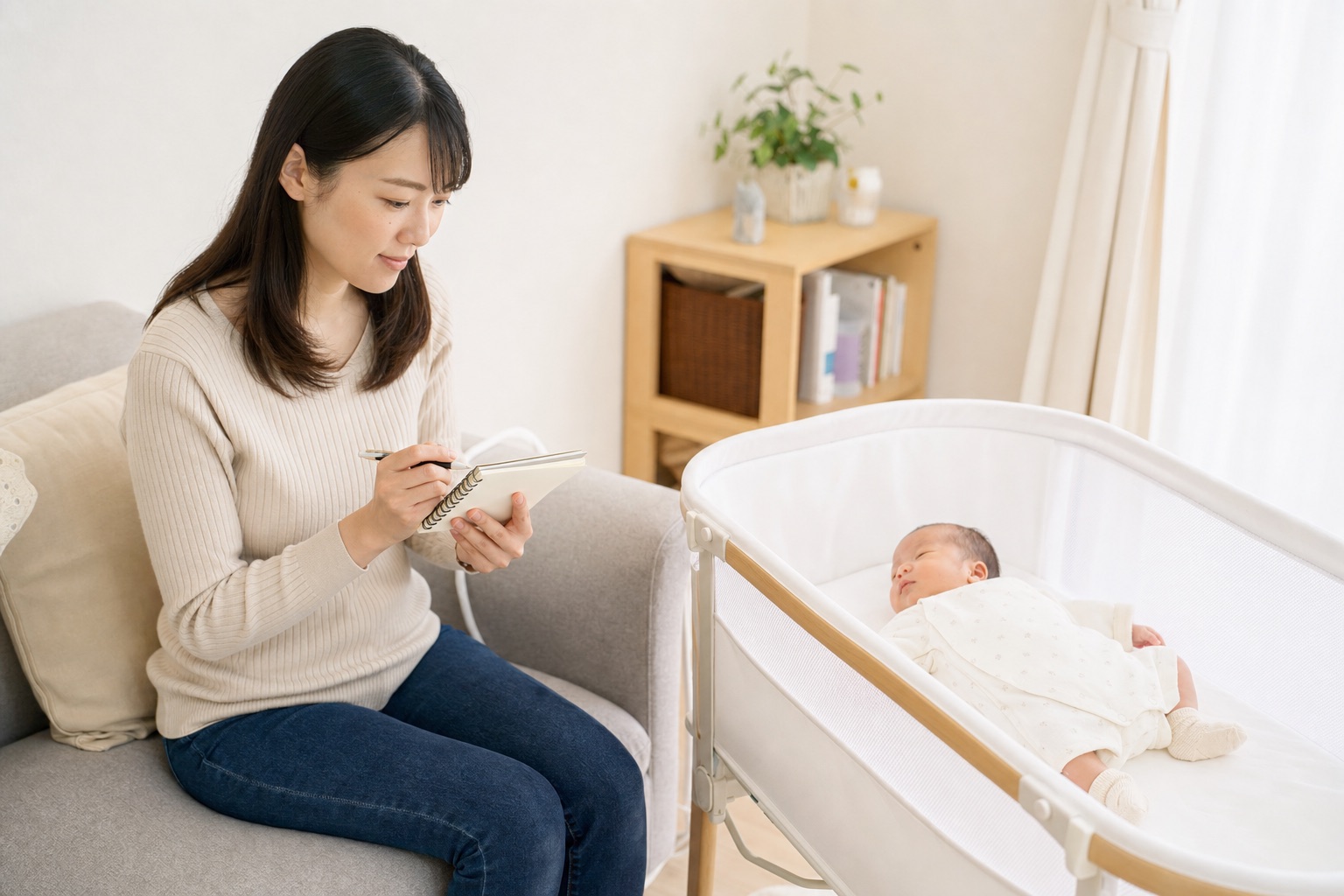 ベビーベッドのそばで授乳時刻としゃっくりの経過を記録する母親