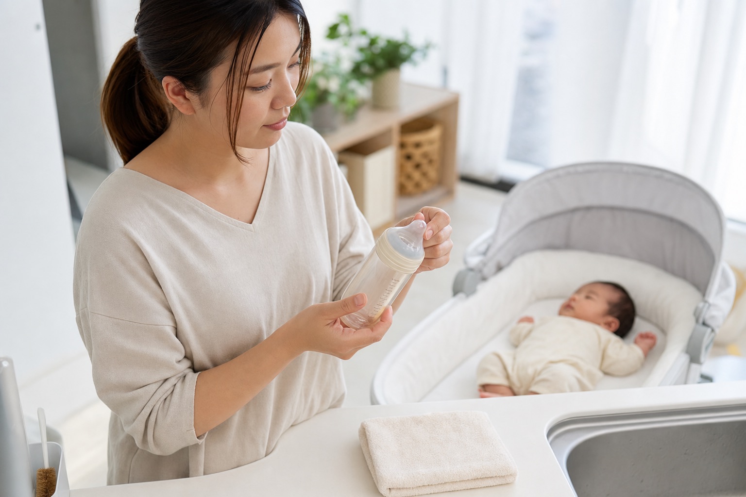 授乳前に哺乳瓶の乳首とミルクの流れ方を確認する母親