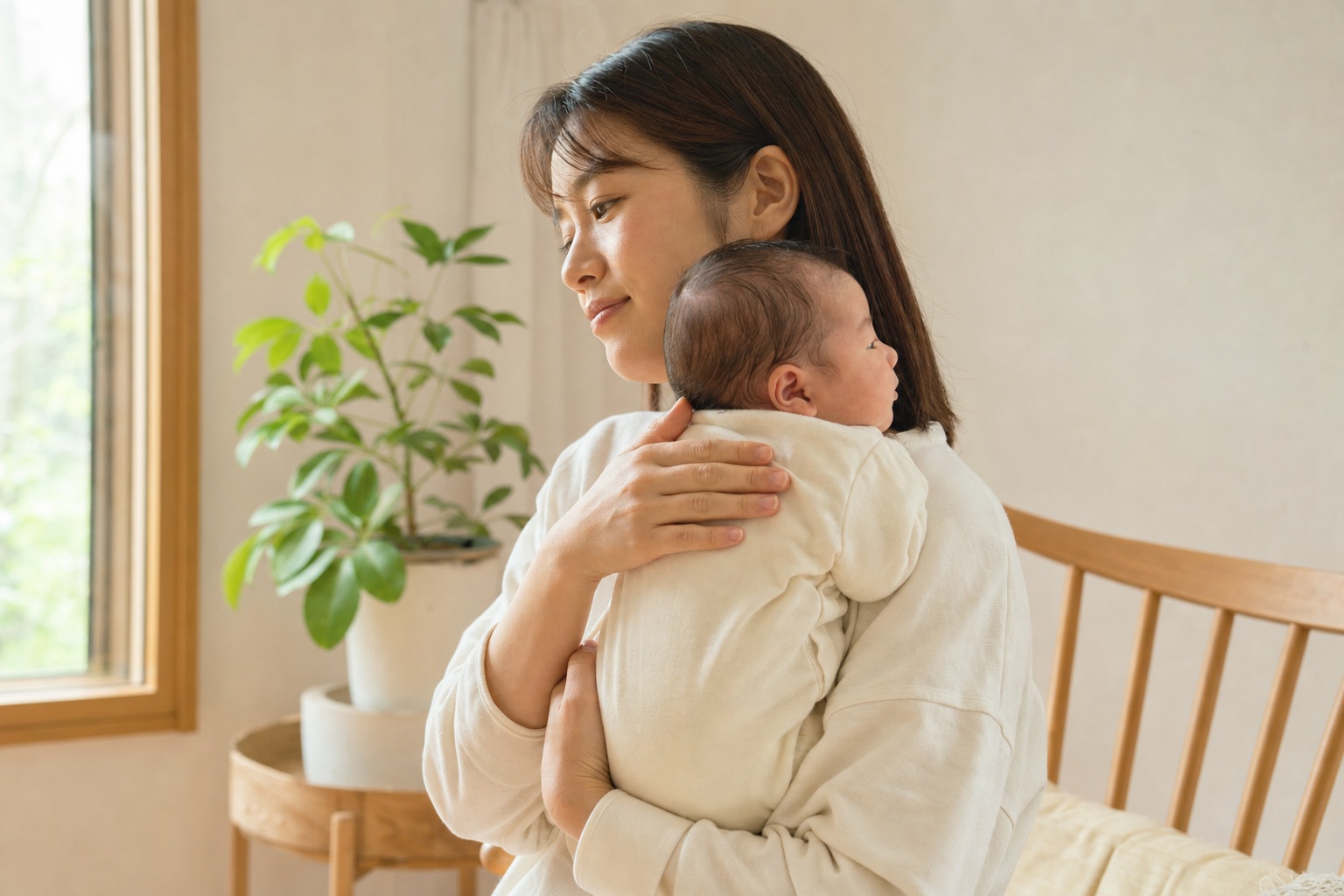赤ちゃんの頭と体を支えながら背中をやさしくなでる母親
