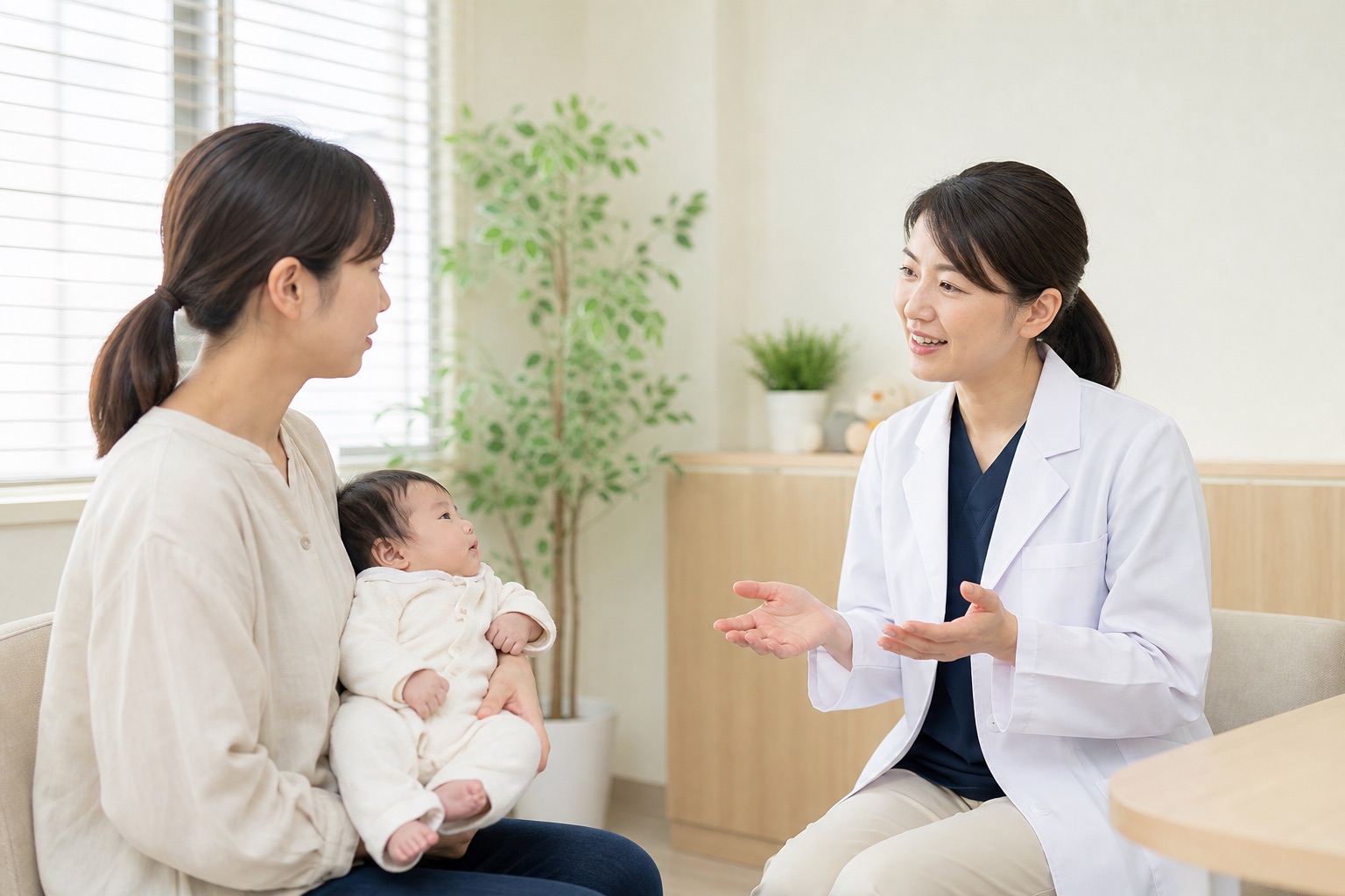 赤ちゃんを抱いた母親が授乳後の変化を小児科医へ相談する場面