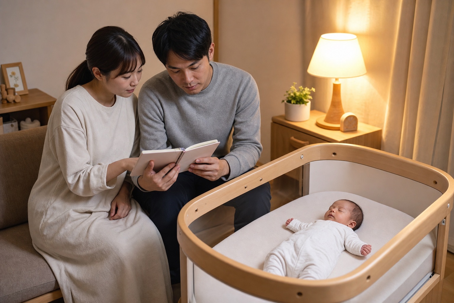 眠る赤ちゃんのそばで授乳と体調の記録を一緒に確認する両親