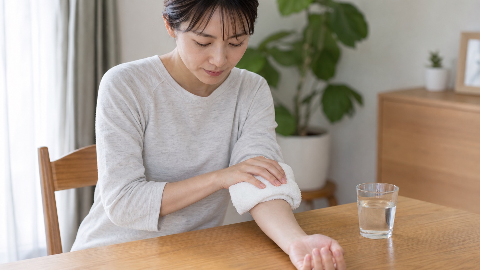 薄いタオル越しに腕を冷やし安静にする女性