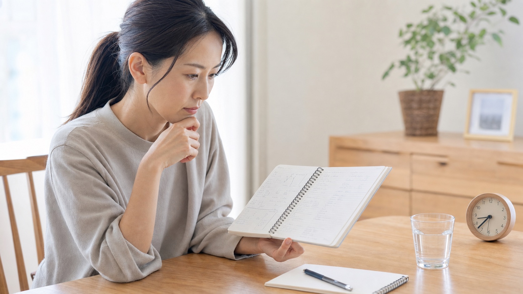 鍼後の痛みの経過と相談したい質問をノートで確認する女性