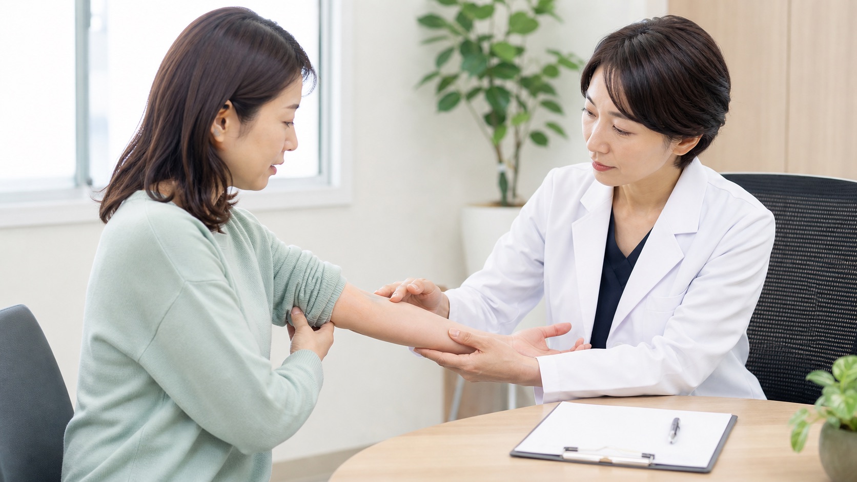 鍼のあとに続く腕の痛みを医師へ相談する女性