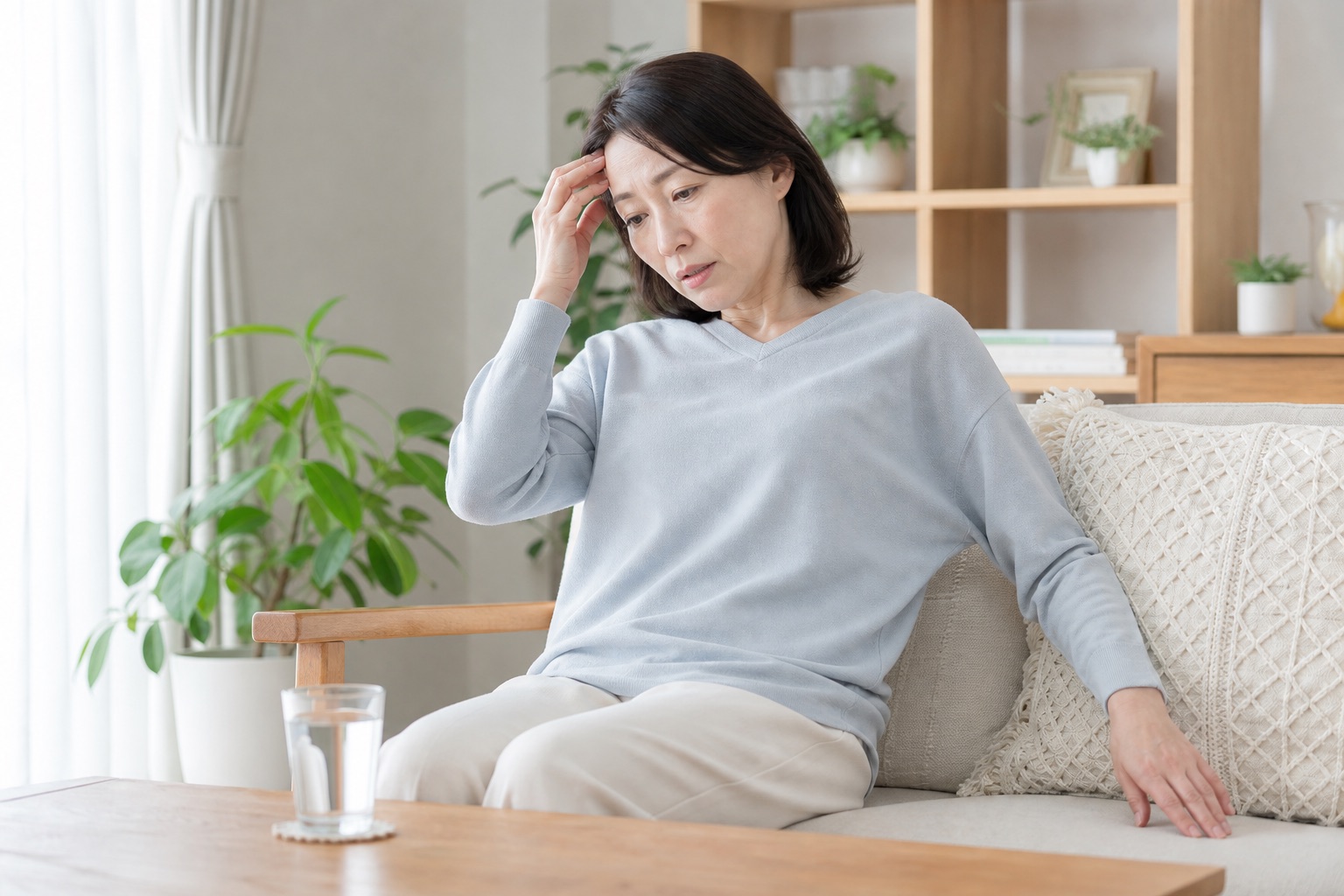 意識が遠のくように感じて安全のためソファに座り休む女性
