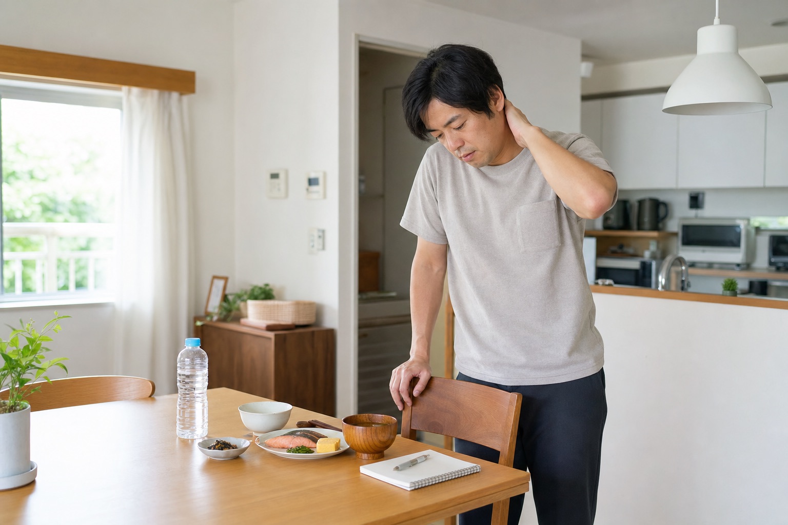 食事と水分を前に立ち上がった時の体調変化を確認する男性