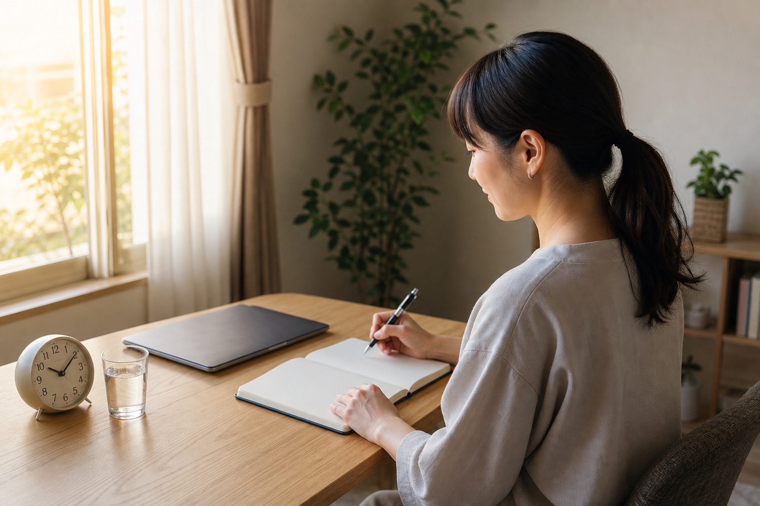 発症時刻や食事と水分の状況をノートに記録する女性