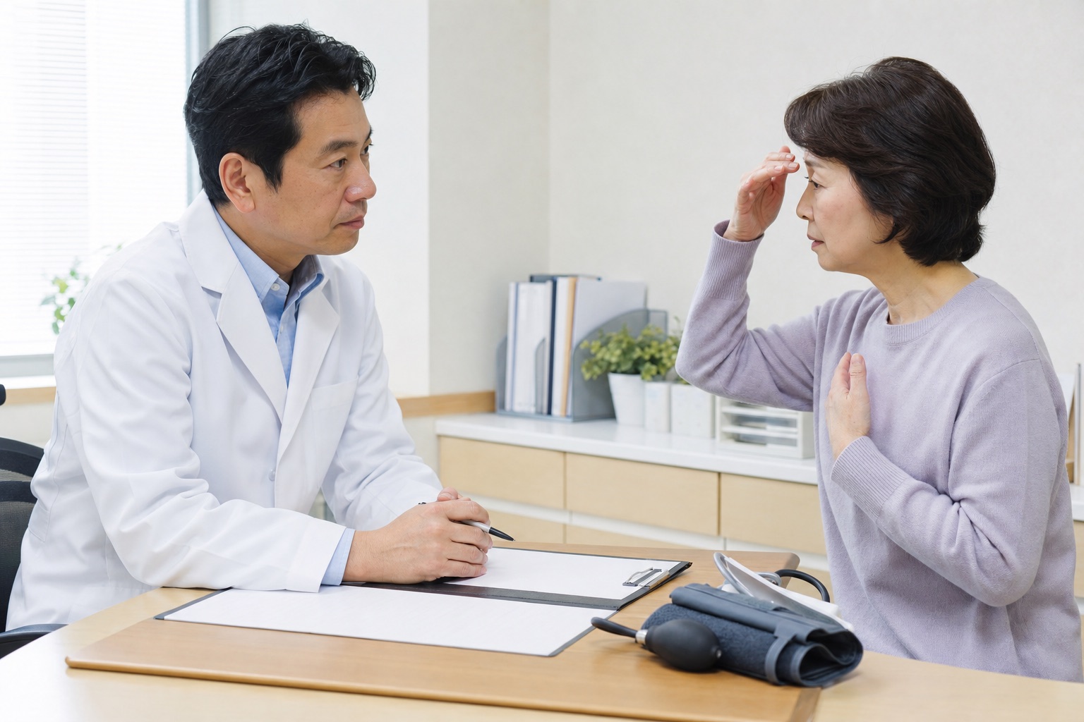 意識が遠のく感じと胸部症状を医師へ説明する女性