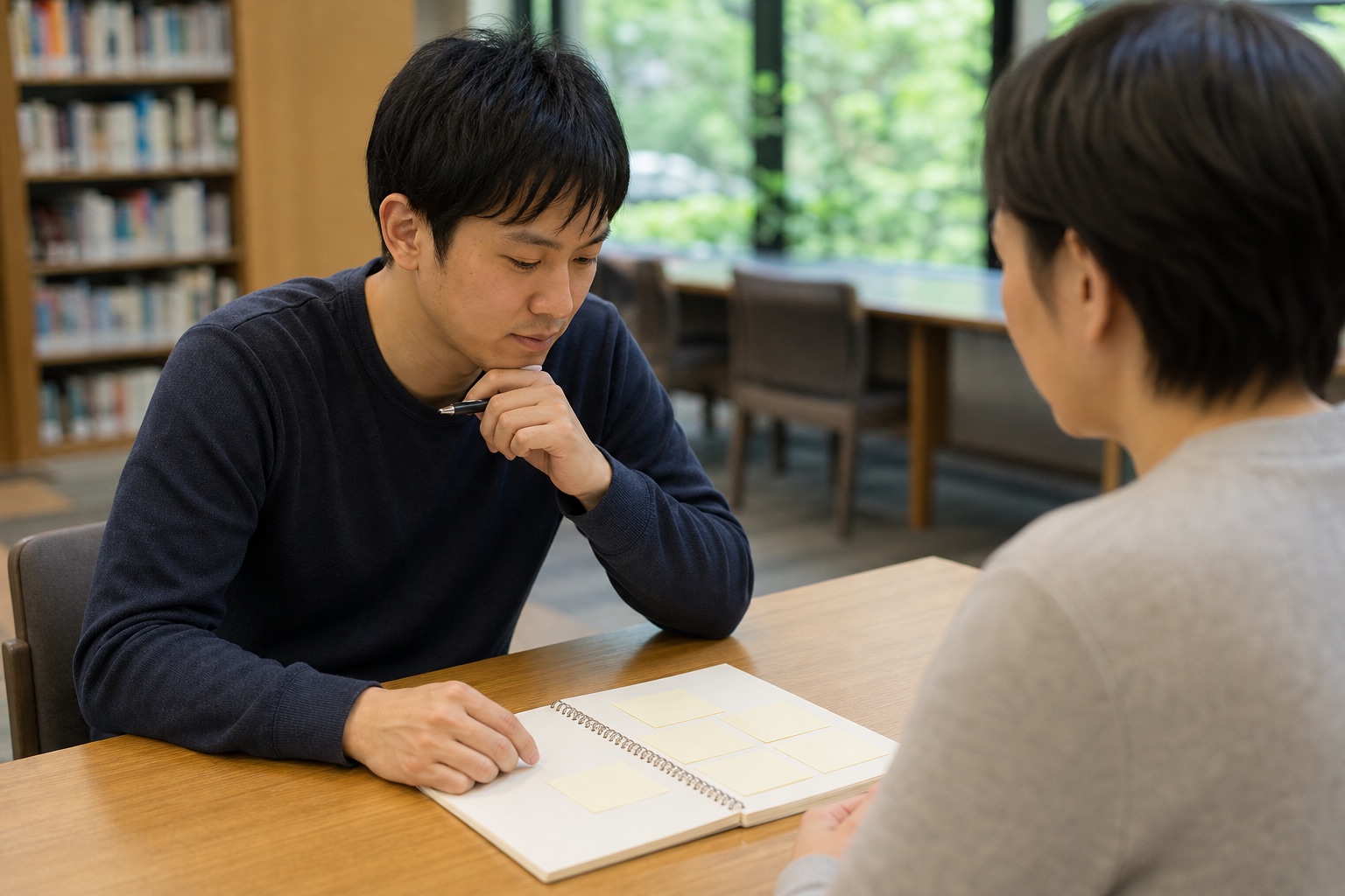 受診前に意識が遠のく症状への質問を整理する男性と家族