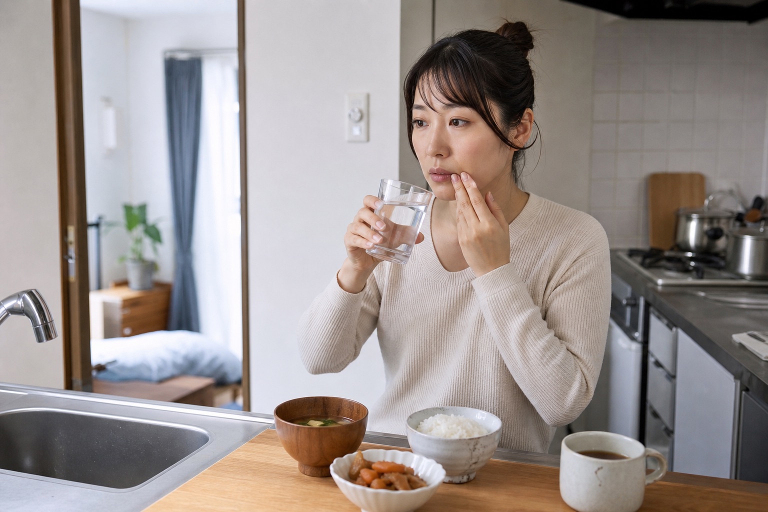 水や食事を口にして生理前の苦い味覚に気づく女性
